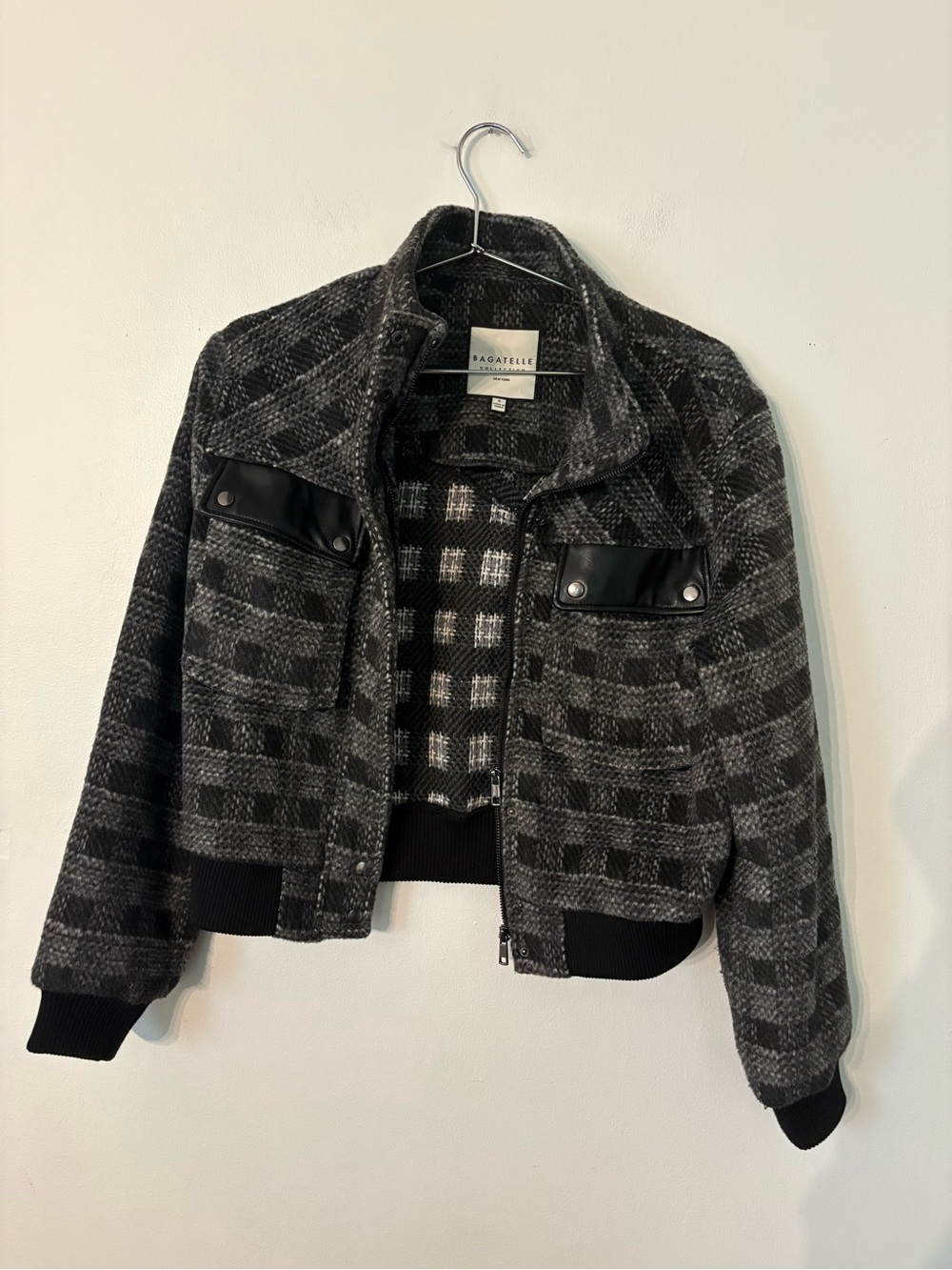 bagatelle Black and Gray Plaid Bomber Jacket
